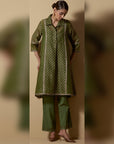 Green Block-Printed Collared Coord Set