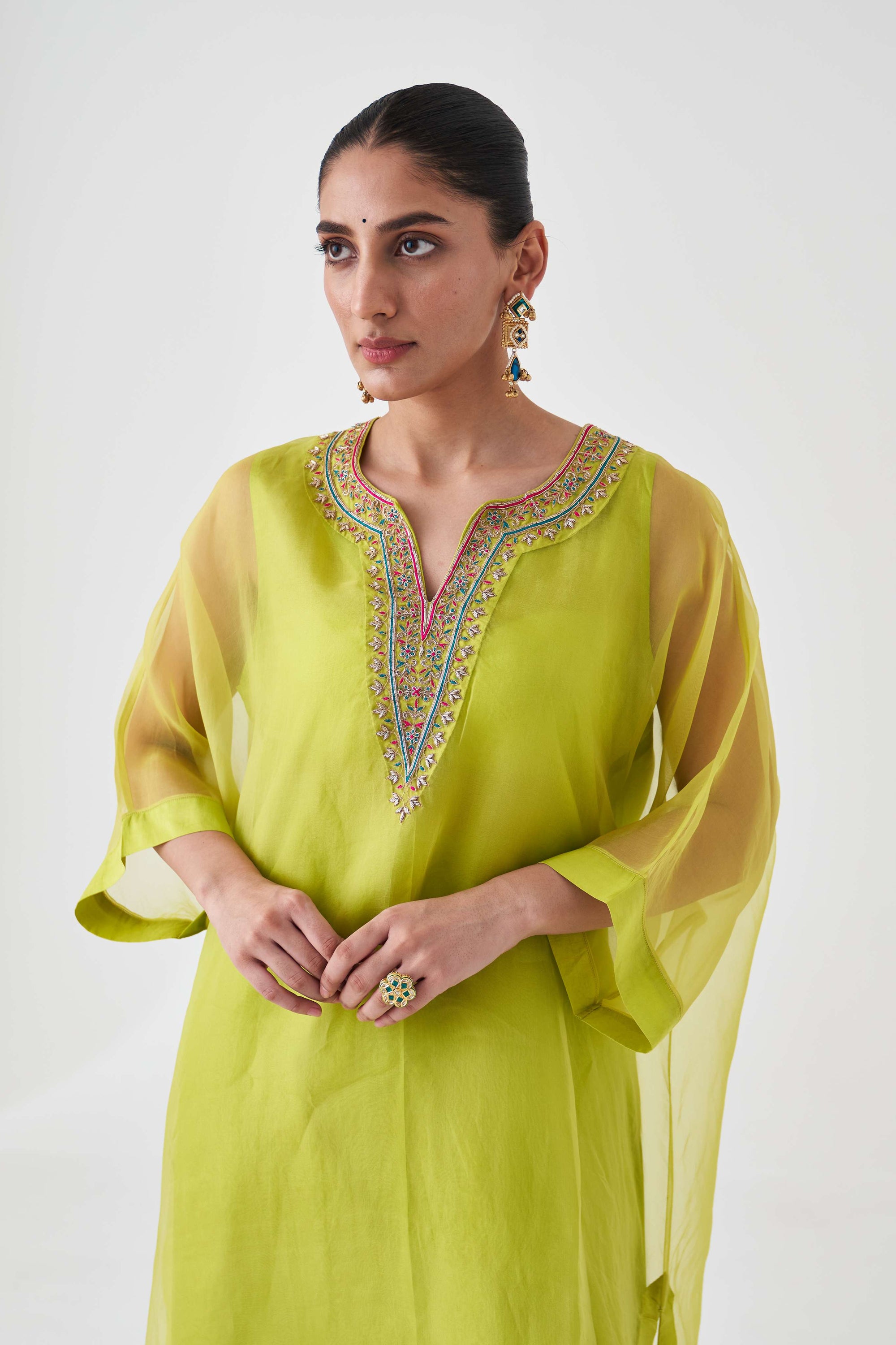 LIME GREEN ORGANZA EMBOIDERED KAFTAN KURTA &amp; SILK SLIP &amp; SILK PANTS