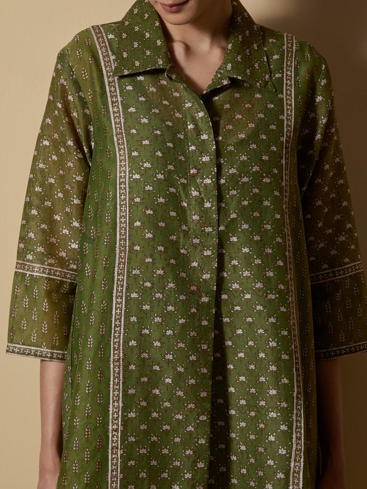 Green Block-Printed Collared Coord Set
