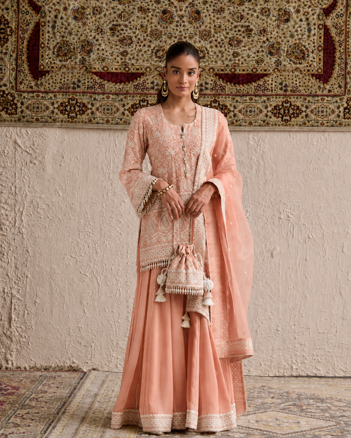 Pink Lucknowi Short Kurti With Sharara