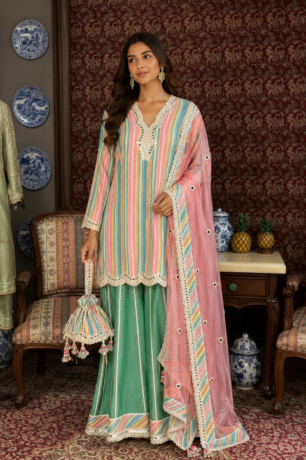 Multicolour Strips Short Kurti With Green Sharara