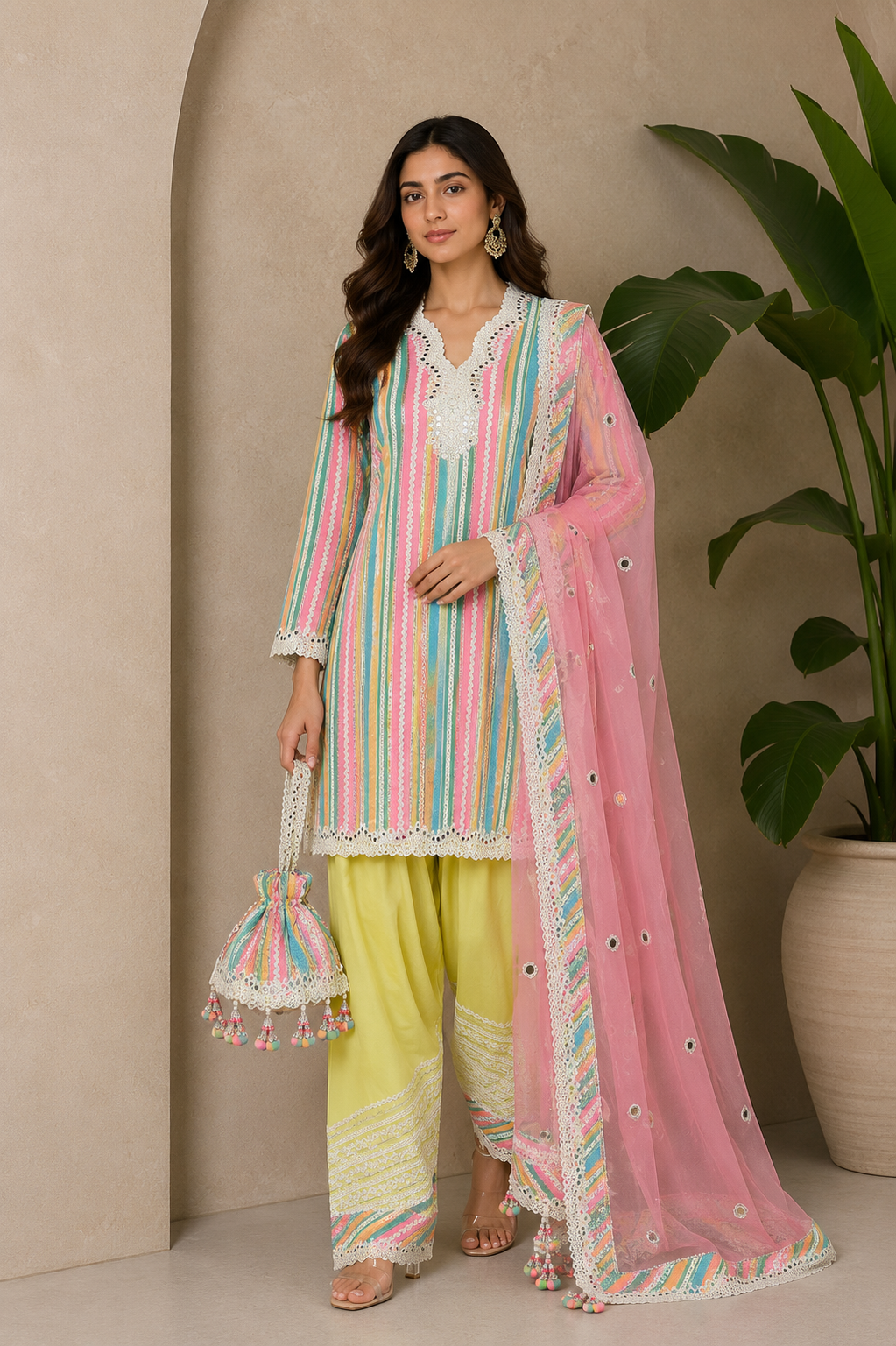 Multicolour Strips Short Kurta With Yellow Salwar