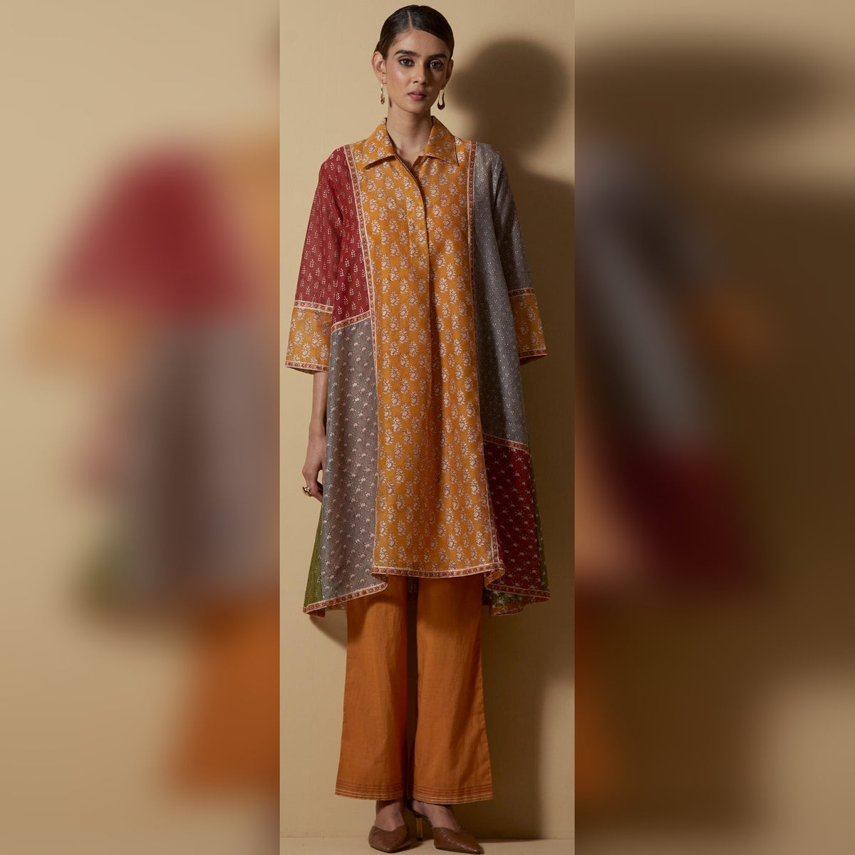 Print-Blocked Kurta Set