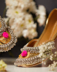 Golden Ghungroo Crown Jutti & Gold Pompom Bag (Combo)