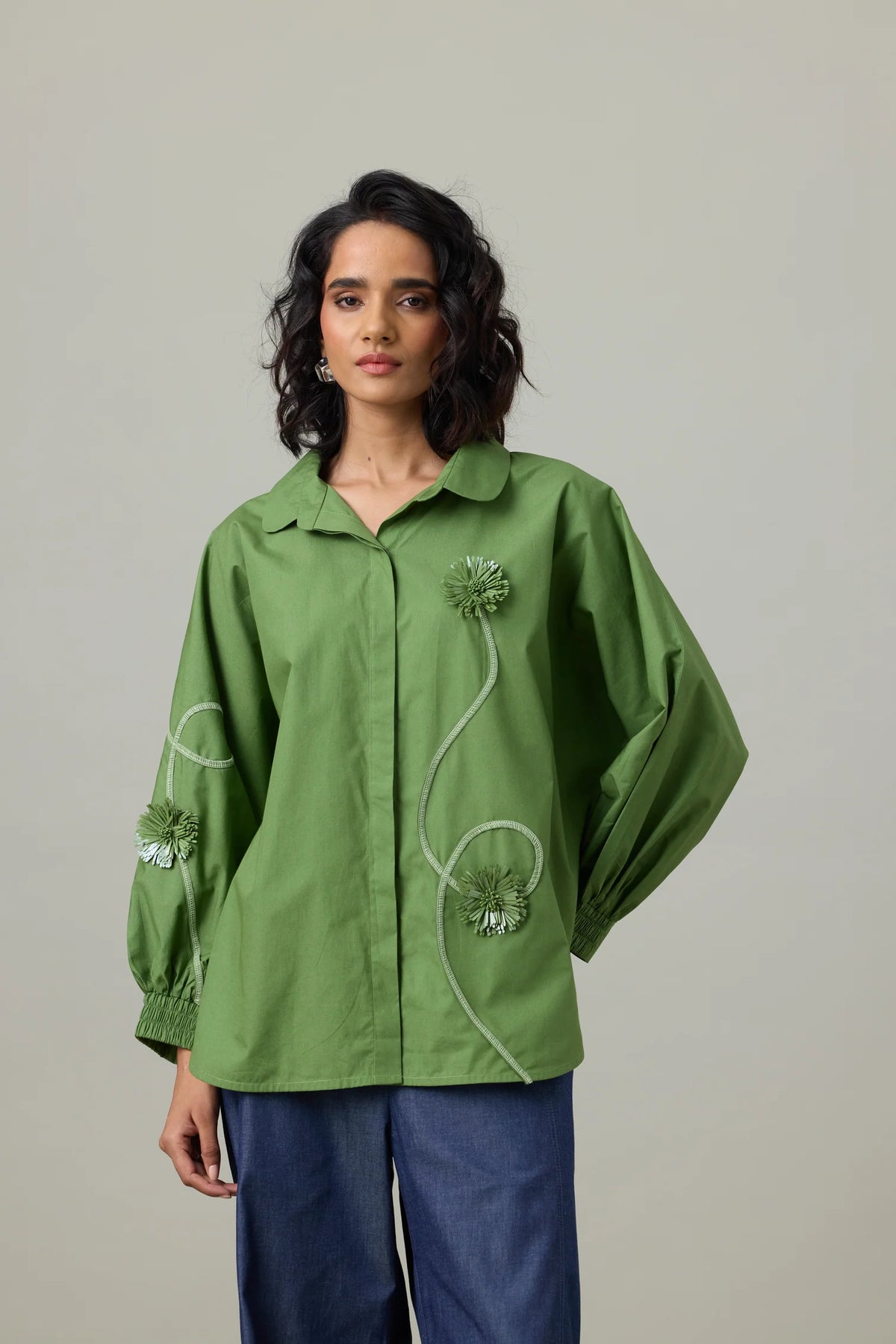 Gemma Applique Shirt In Moss Green