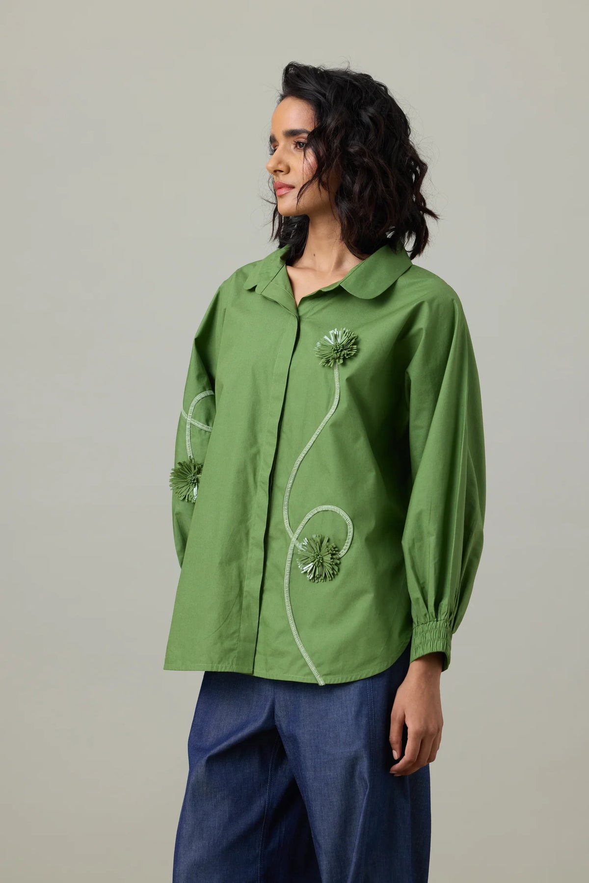 Gemma Applique Shirt In Moss Green
