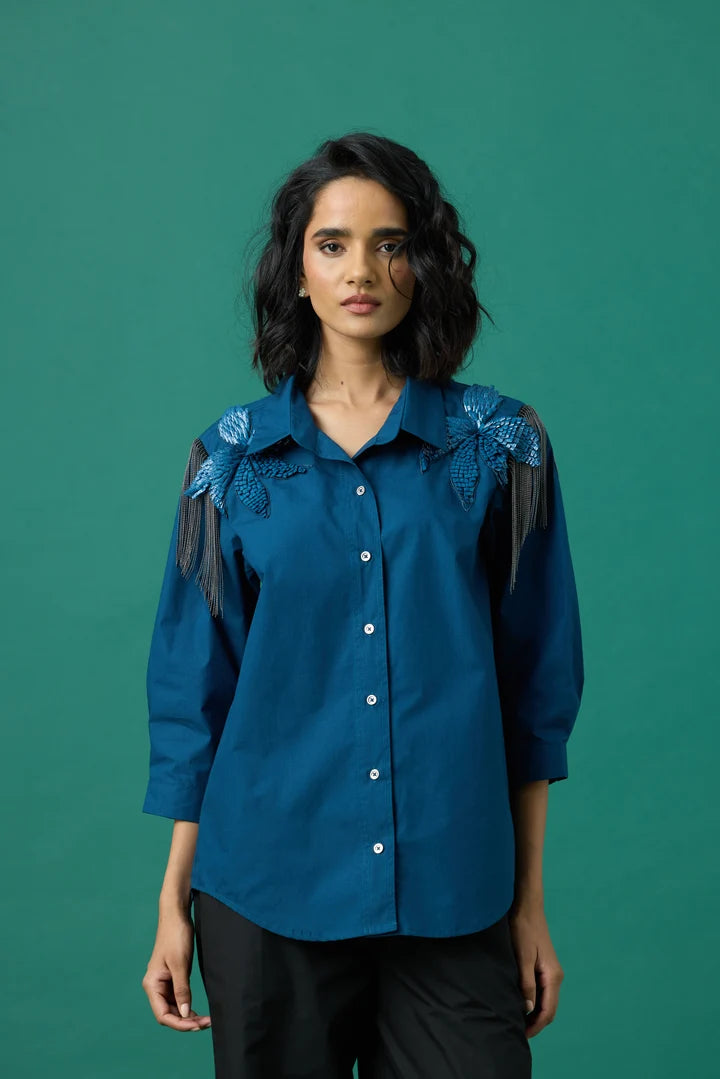 Jules Applique Shirt In Teal