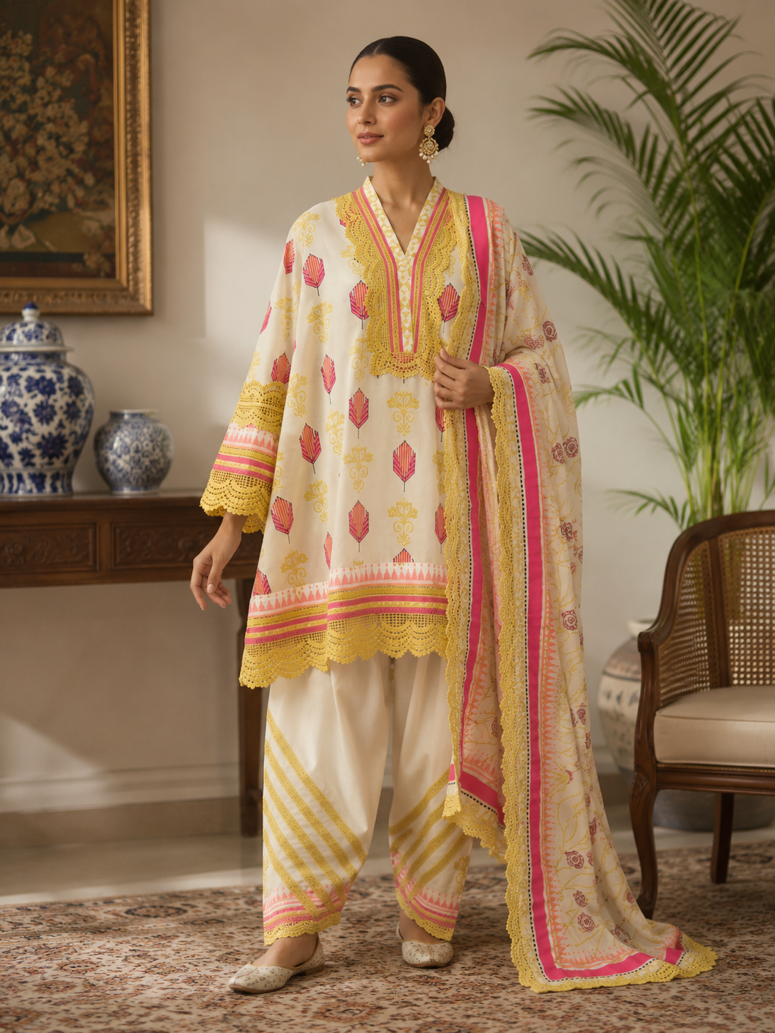 Ivory Yellow Lace Choga With Salwar