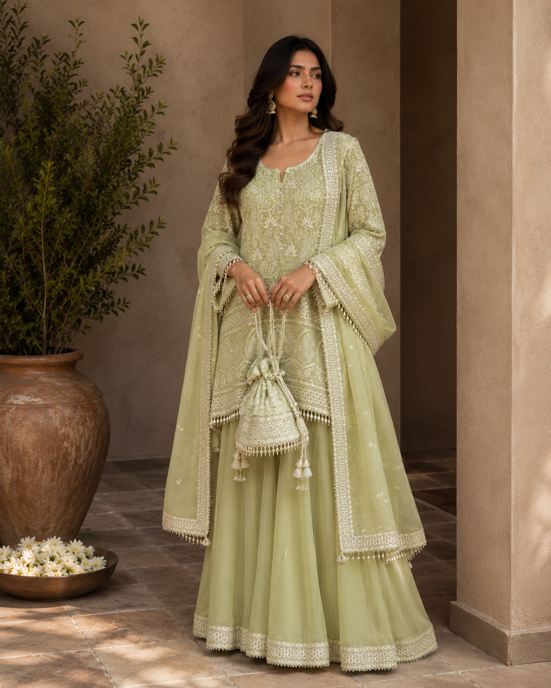 Pista Green Lucknowi Short Kurti With Sharara