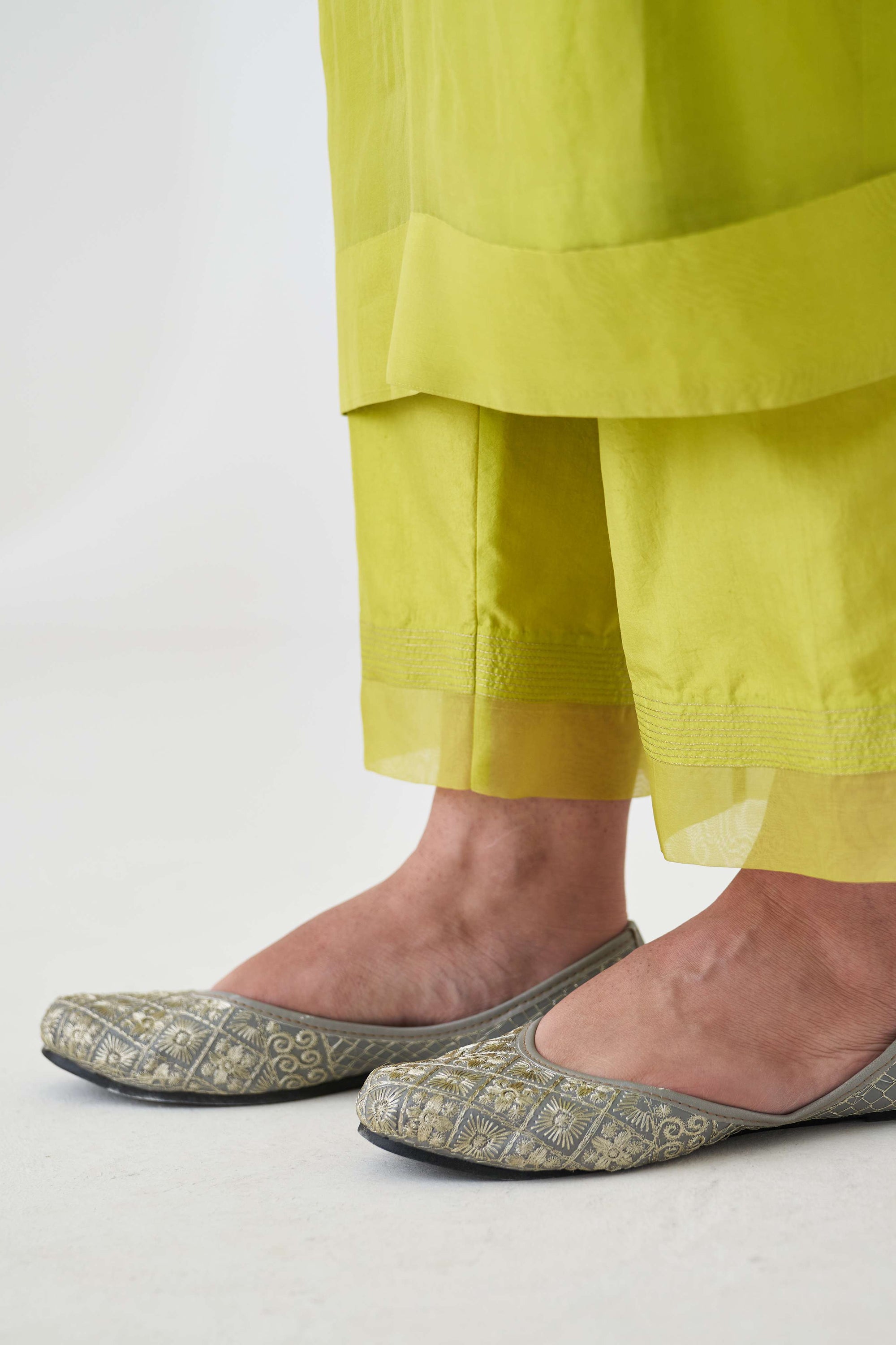 LIME GREEN ORGANZA EMBOIDERED KAFTAN KURTA &amp; SILK SLIP &amp; SILK PANTS