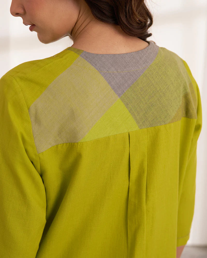 Lime Handwoven Cotton &amp; Check Kurta