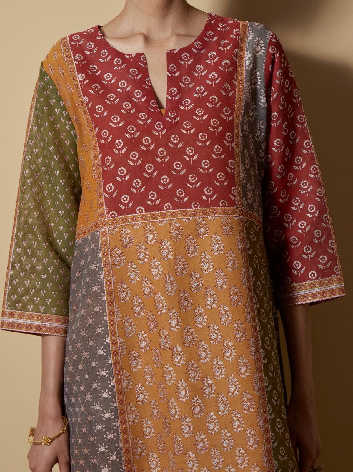 Multicoloured Block-Printed Panelled Kurta Set