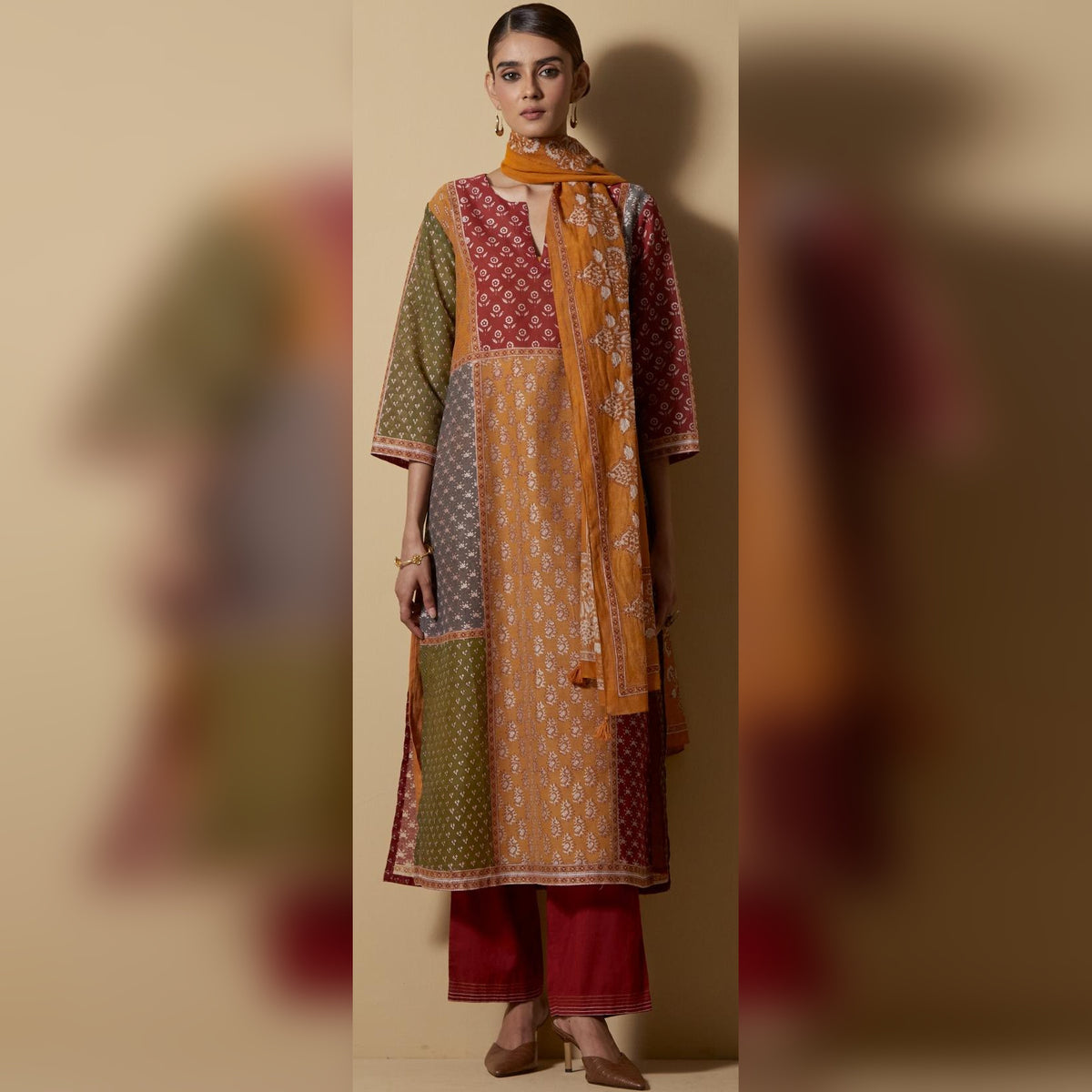 Multicoloured Block-Printed Panelled Kurta Set