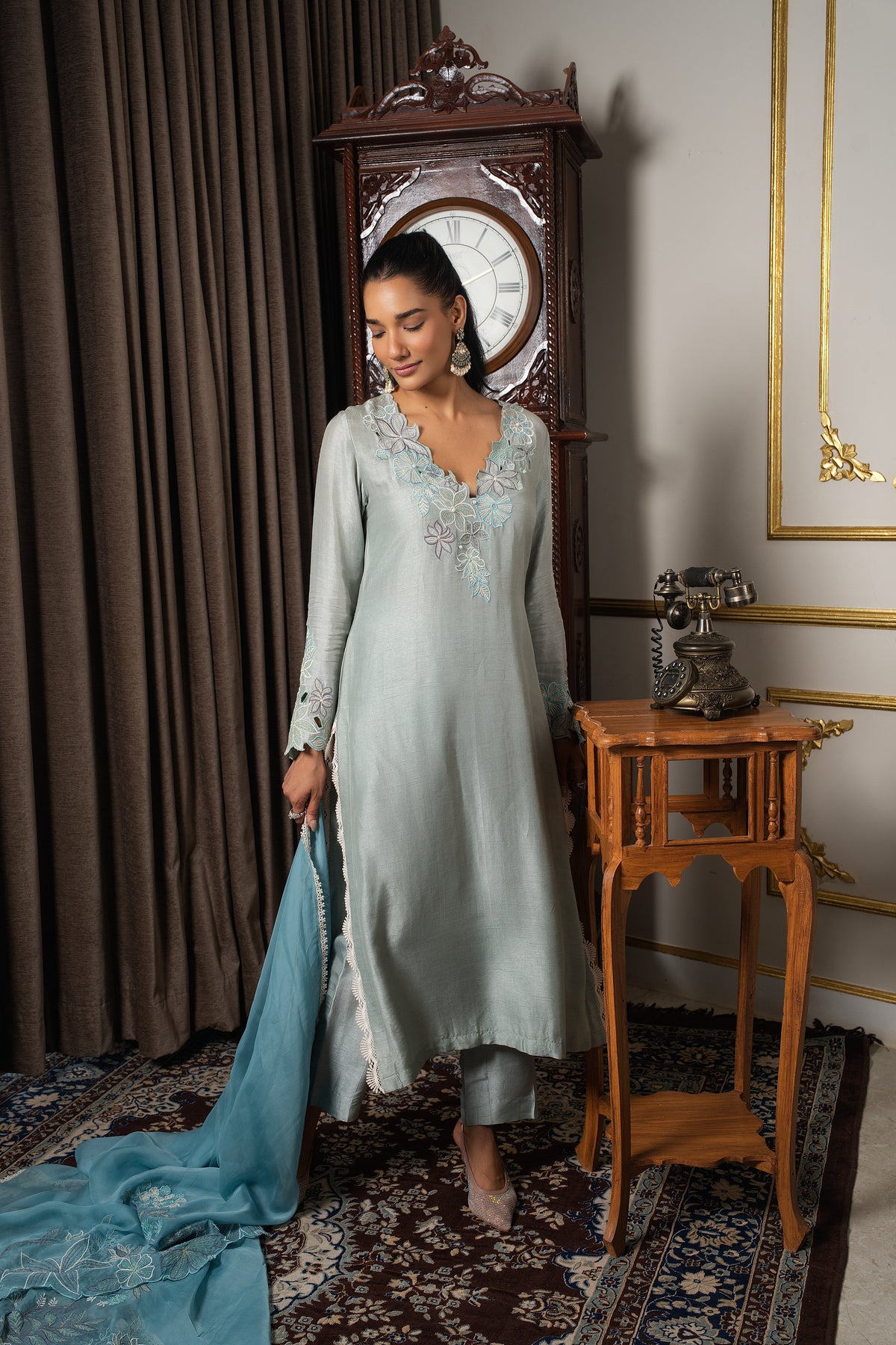 Sage Blue &amp; Aqua Blue Contrast Embroidered Kurta Set