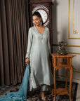 Sage Blue & Aqua Blue Contrast Embroidered Kurta Set
