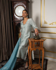 Sage Blue & Aqua Blue Contrast Embroidered Kurta Set