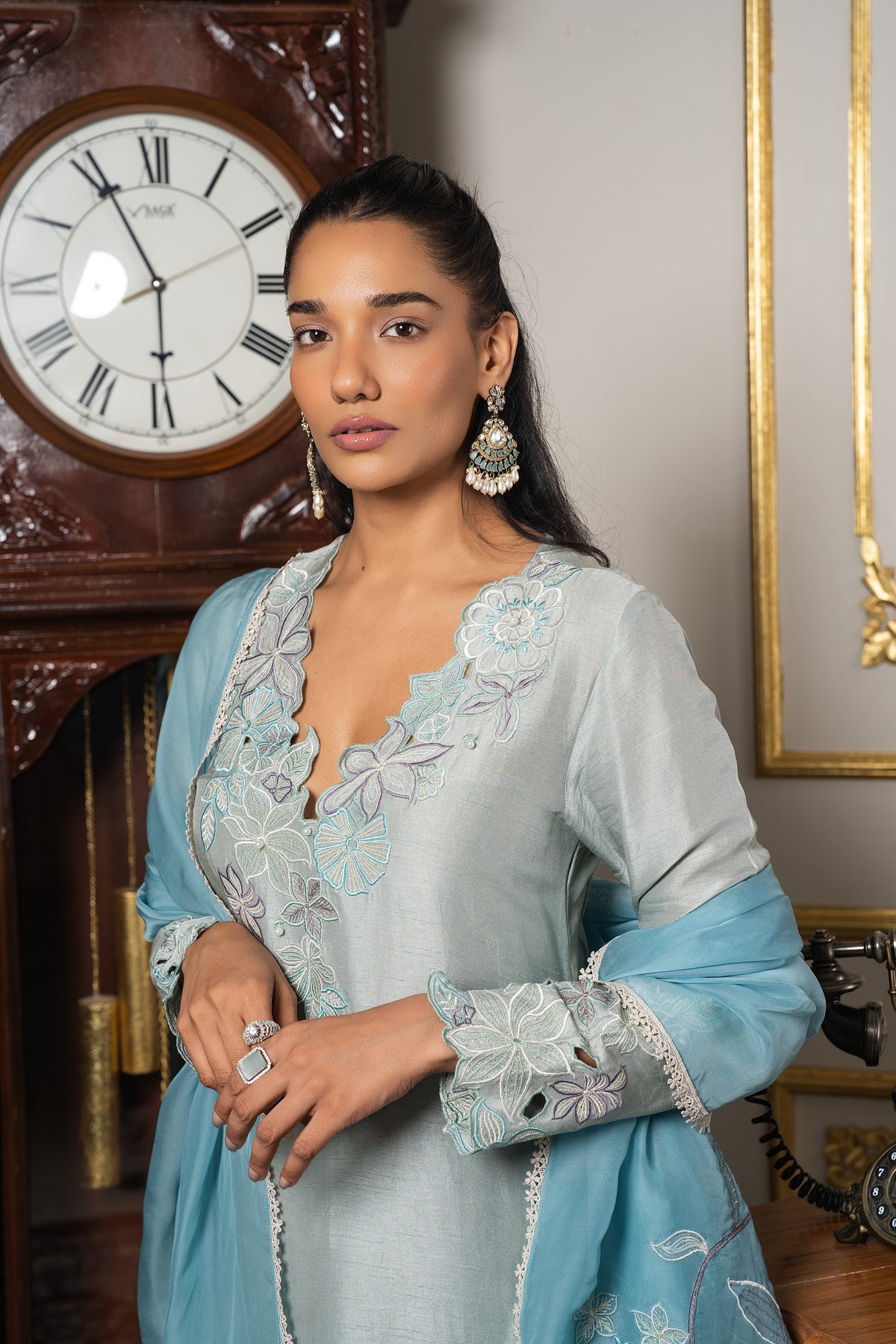 Sage Blue &amp; Aqua Blue Contrast Embroidered Kurta Set