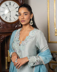 Sage Blue & Aqua Blue Contrast Embroidered Kurta Set
