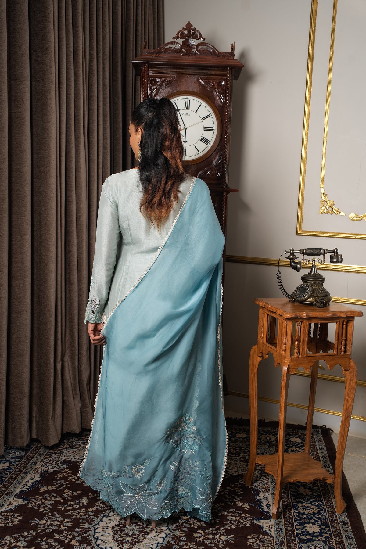 Sage Blue &amp; Aqua Blue Contrast Embroidered Kurta Set