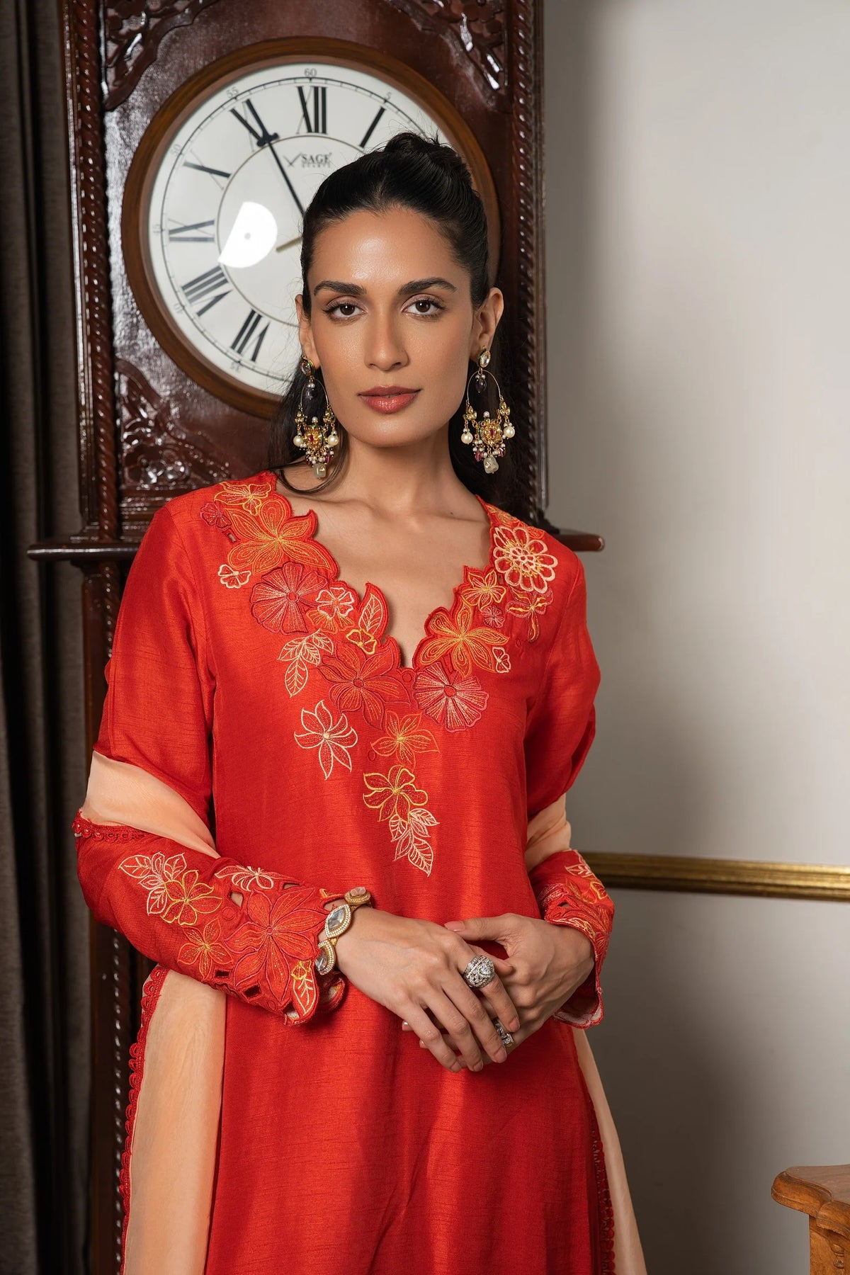 Burnt Orange &amp; Peach Embriodered Kurta Set