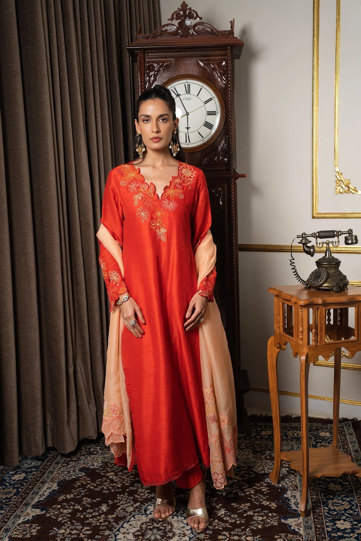 Burnt Orange &amp; Peach Embriodered Kurta Set