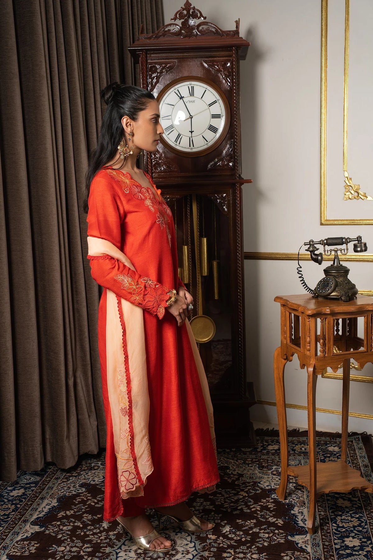 Burnt Orange &amp; Peach Embriodered Kurta Set