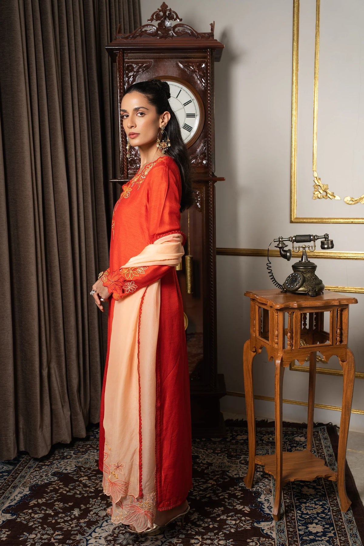 Burnt Orange &amp; Peach Embriodered Kurta Set