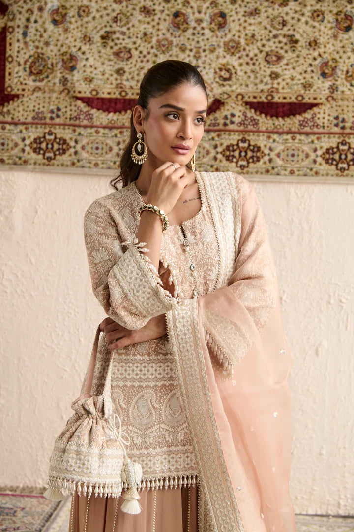 Beige Lucknowi Short Kurti With Sharara