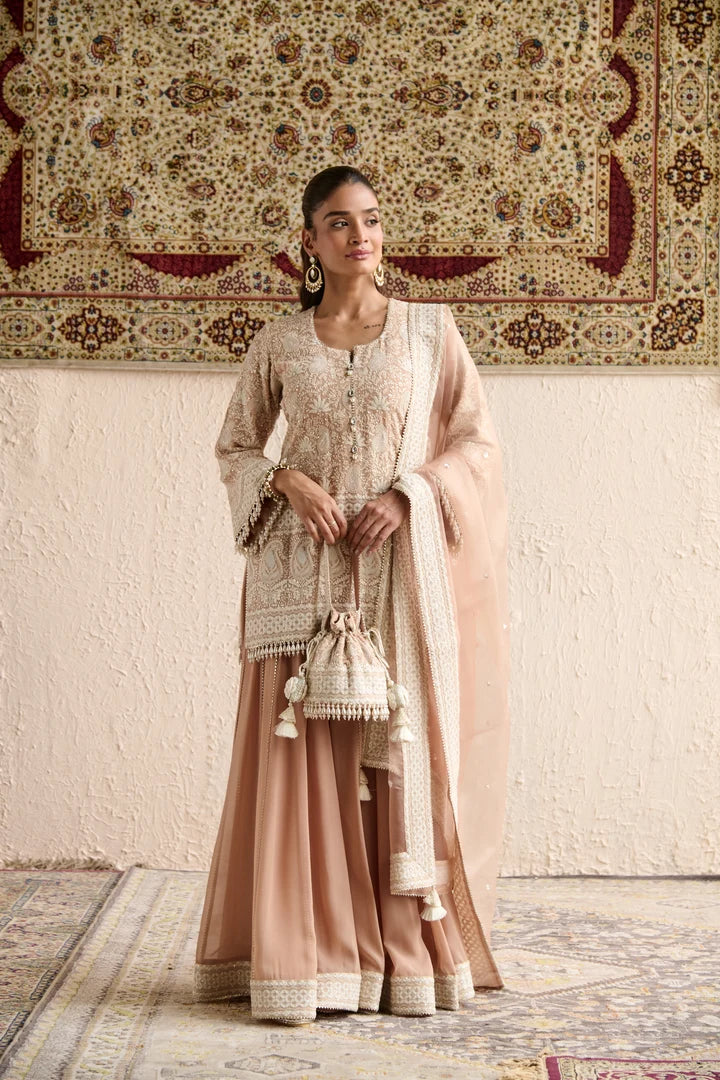 Beige Lucknowi Short Kurti With Sharara