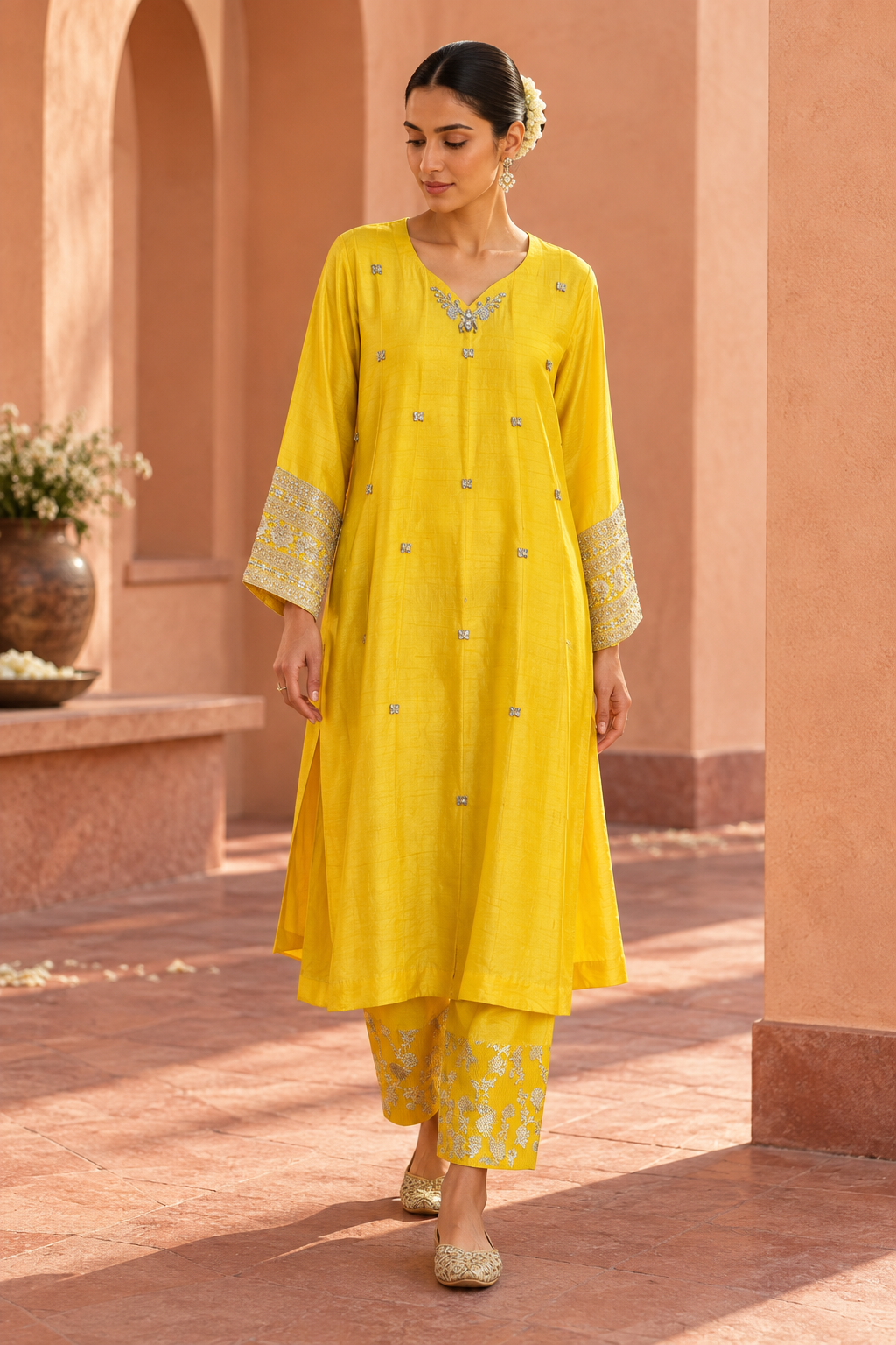 Yellow Kurta With Brocade Pants