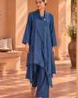 Navy Silk Shawl Collar Draped Coord Set