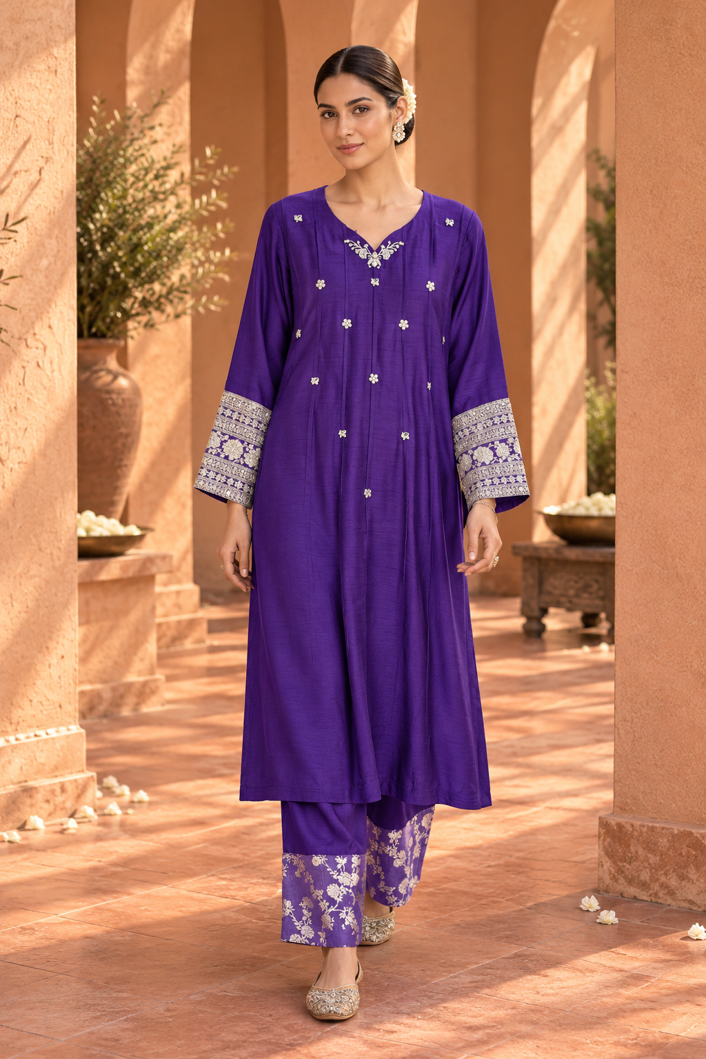 Purple Kurta With Brocade Pants