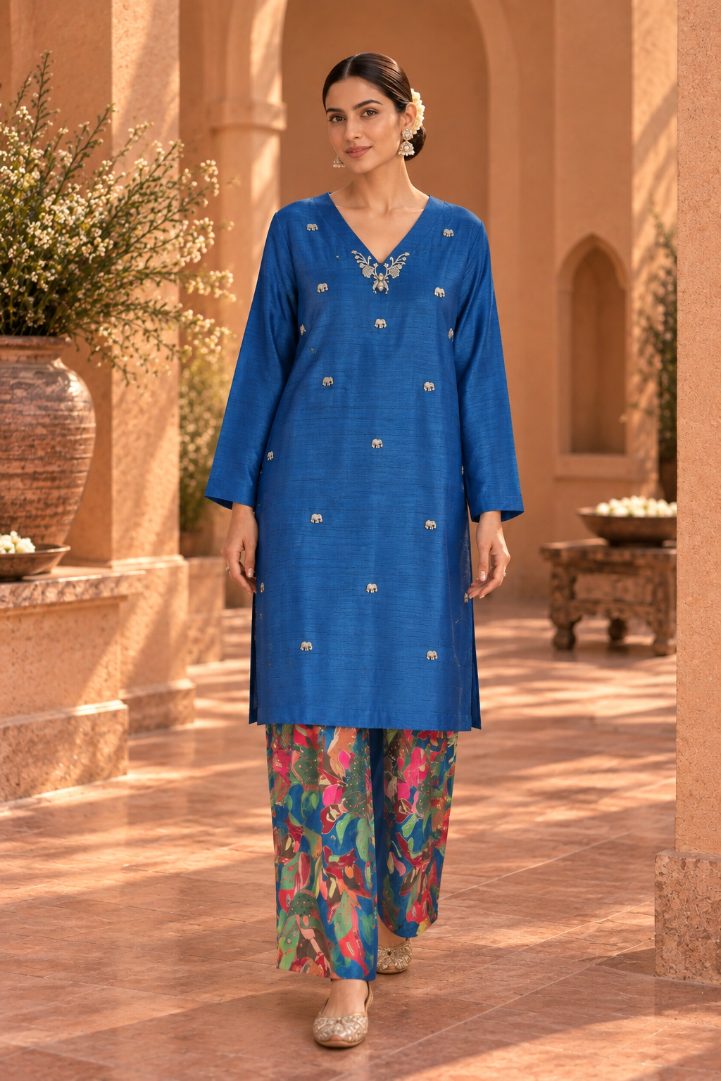 Teal Embellished Kurta With Printed Pants