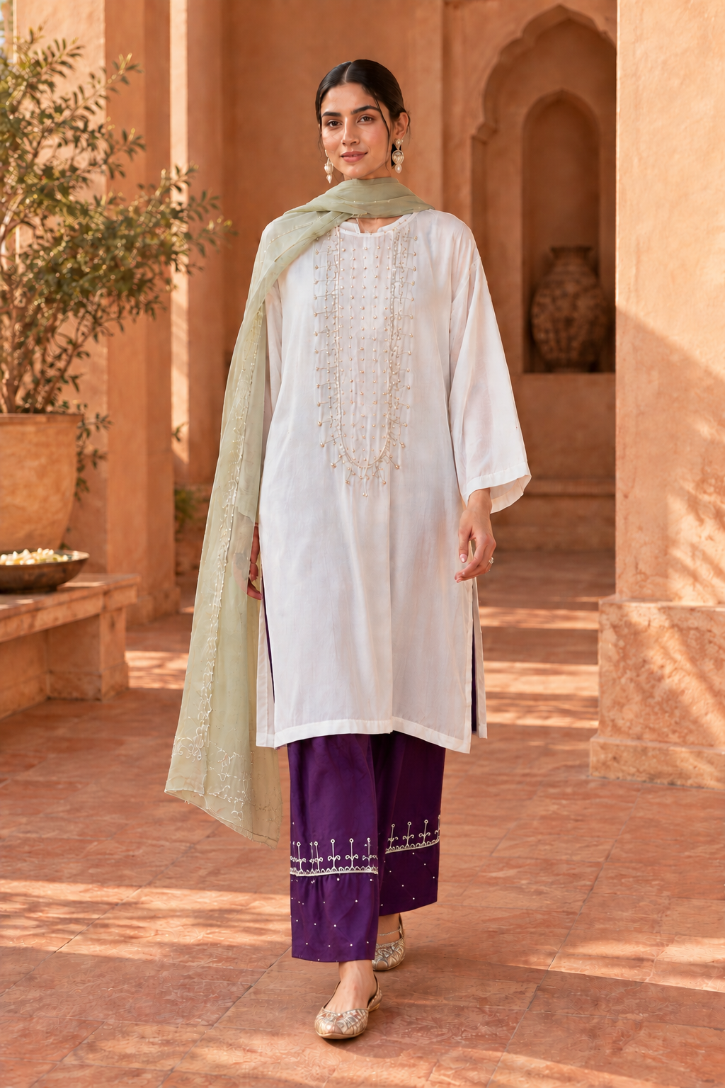 Ivory Kurta Set With Rounded Yoke