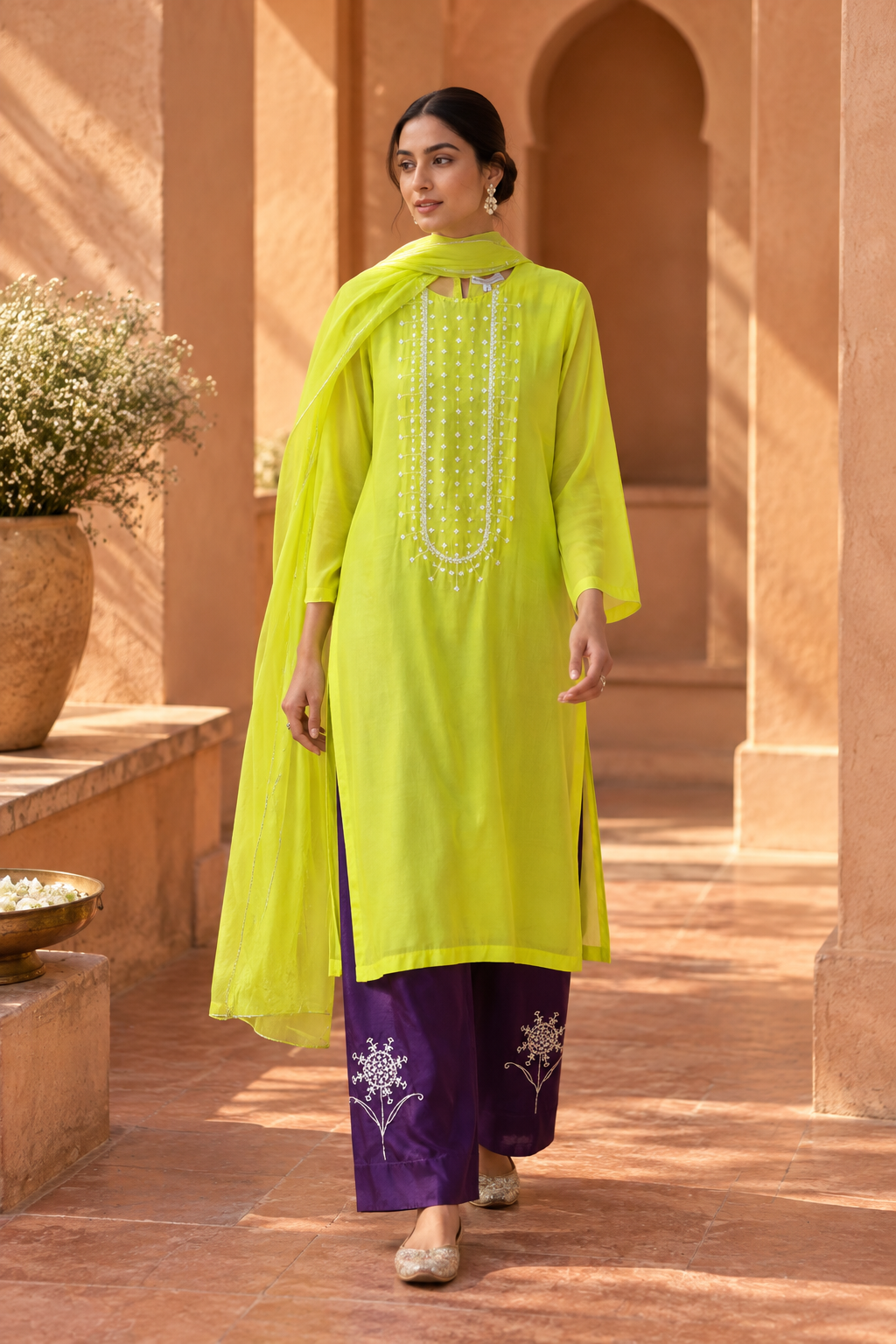 Pista Green Kurta Set With Rounded Yoke