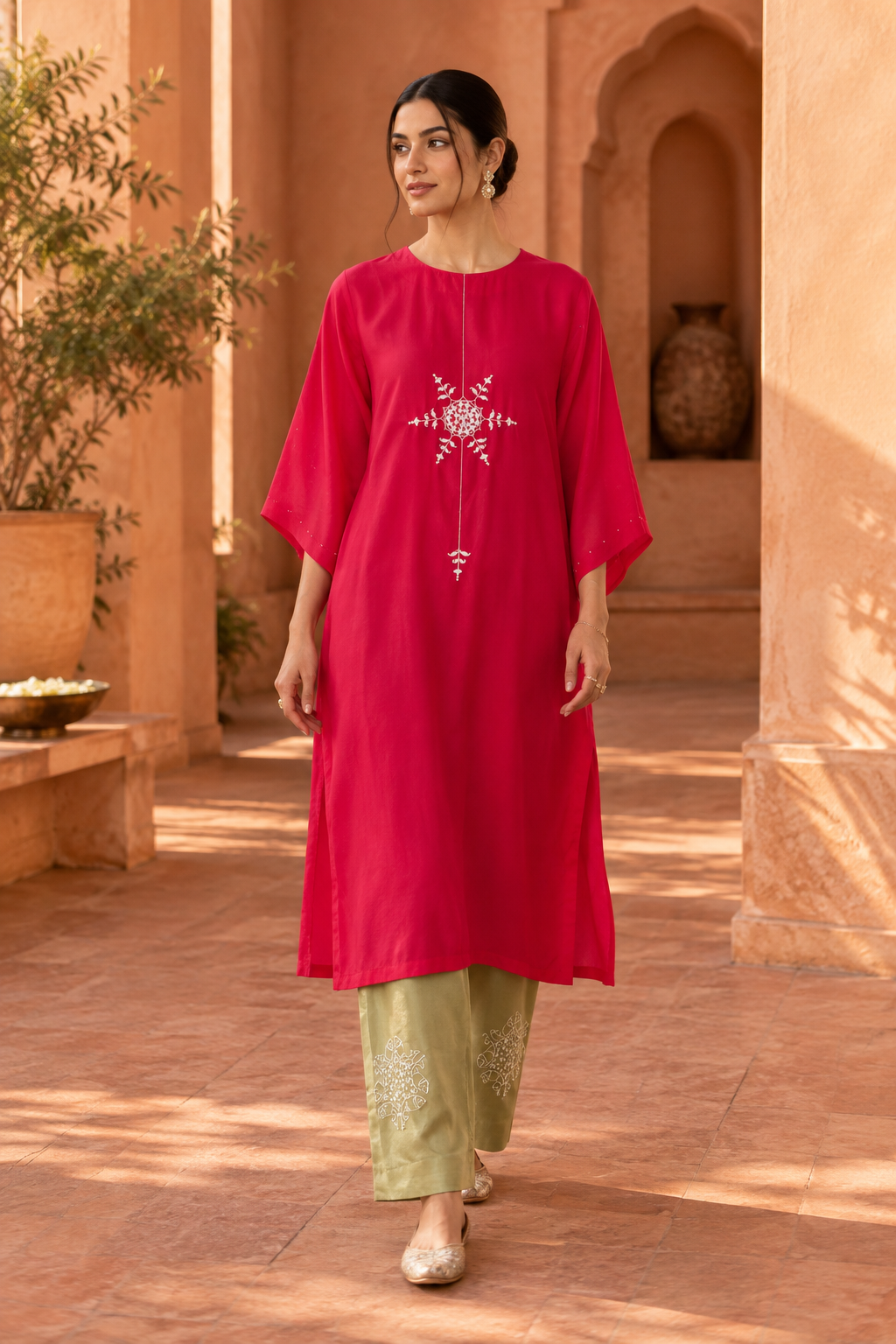 Red Kurta Set With Sun Embroidery