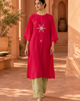 Red Kurta Set With Sun Embroidery