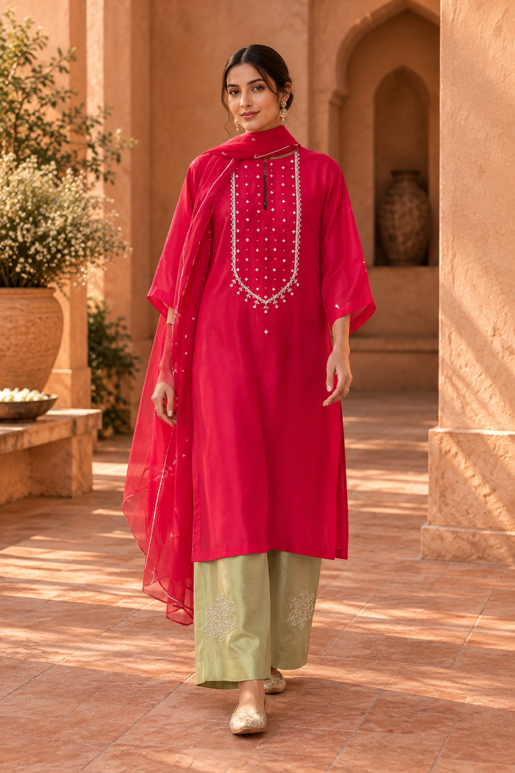 Red Kurta Set With Contrast Pants