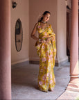 Adira Mustard Floral Printed Luxe Organza Saree