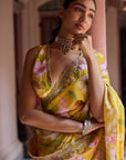 Adira Mustard Floral Printed Luxe Organza Saree