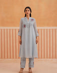 Powder Blue Mul Chanderi Kurta Set with V-Lace Yoke