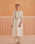 Off White Embroidered Mul Chanderi Straight Kurta Set with Dupatta