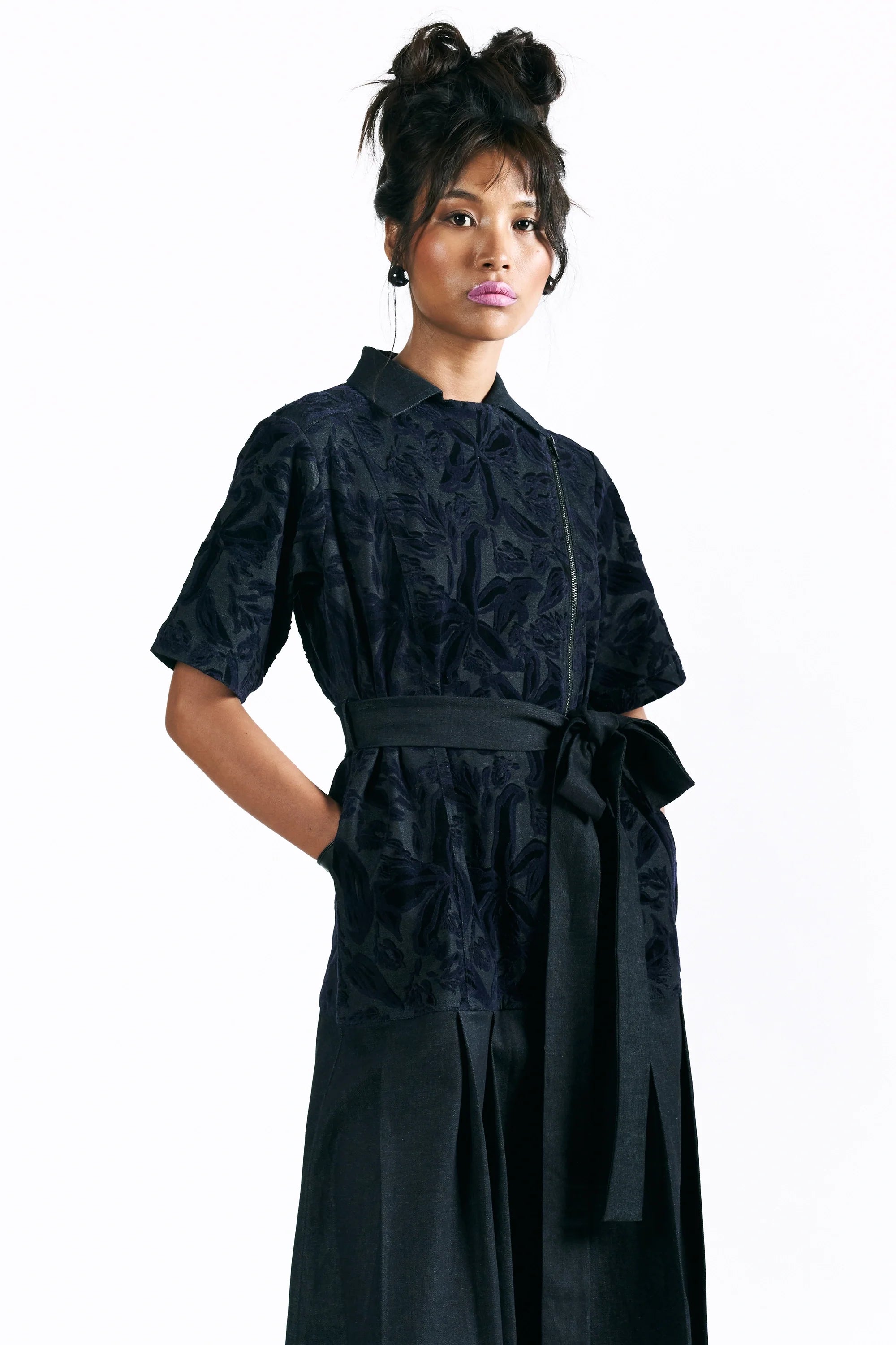 Velvet Blossom Belted Midi Dress