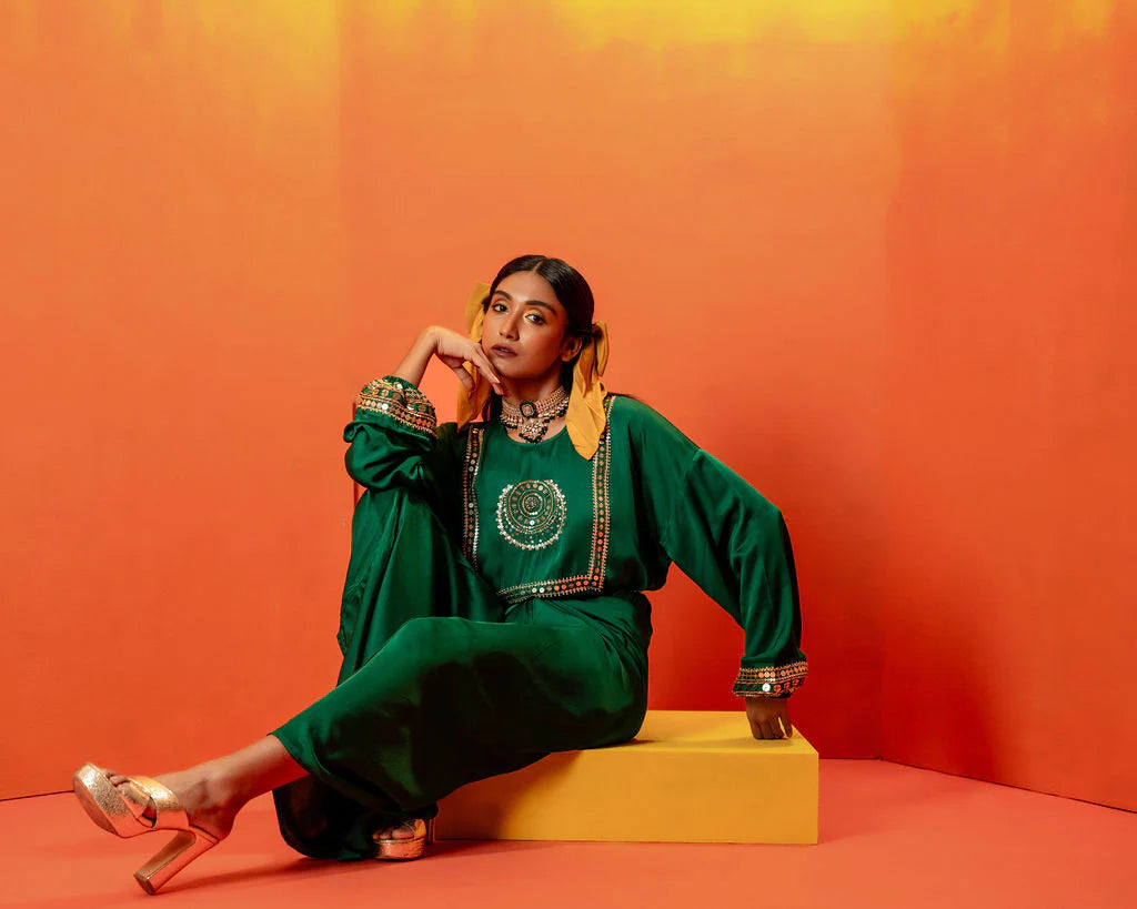Jade Green Festive Tie Up Kurta Dress (CB-Yoke)