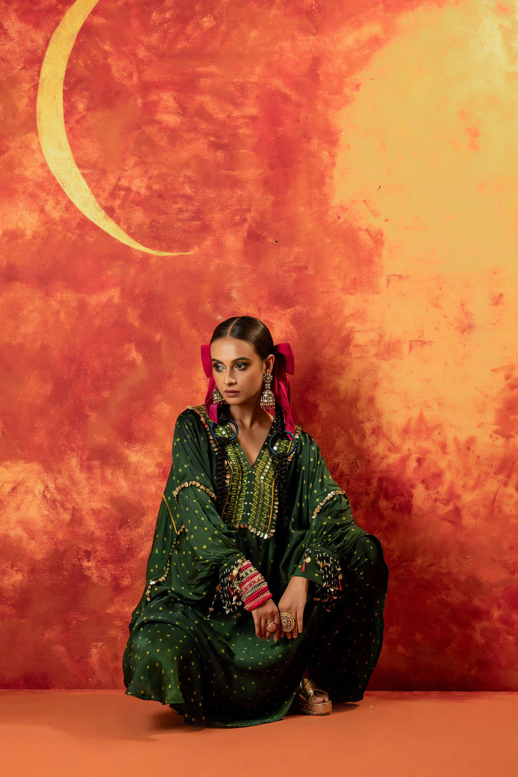 Ajrak Green Bandhage Antifit Kurta (AJV) + Pants