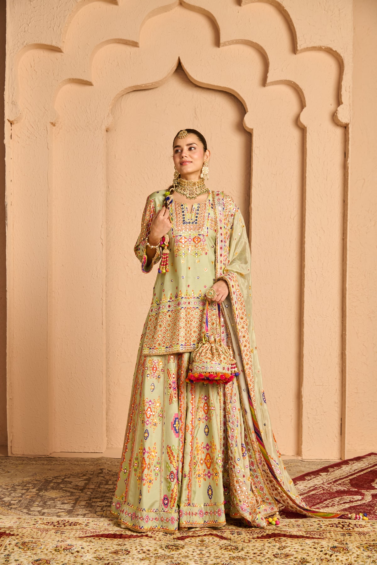 Pista Green Mayur Short Kurta With Sharara