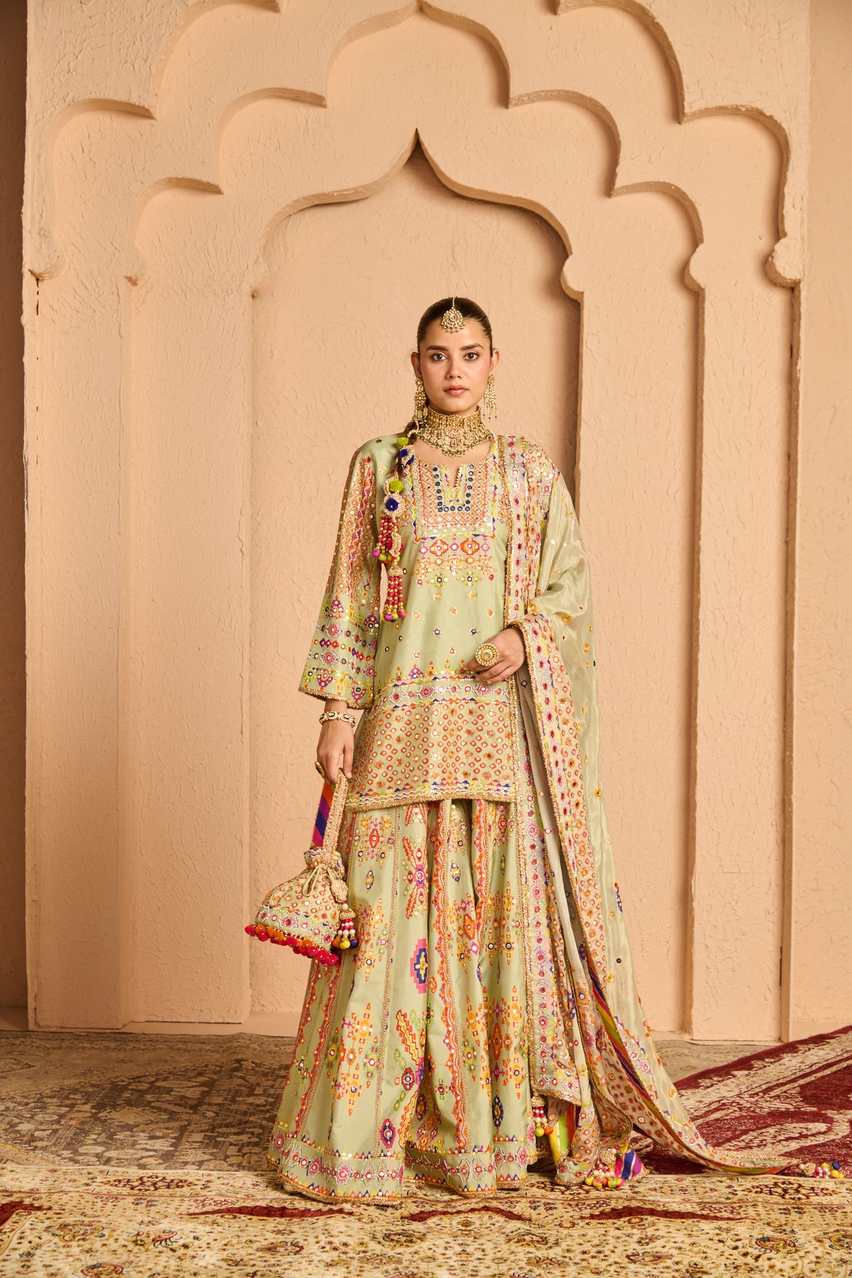 Pista Green Mayur Short Kurta With Sharara
