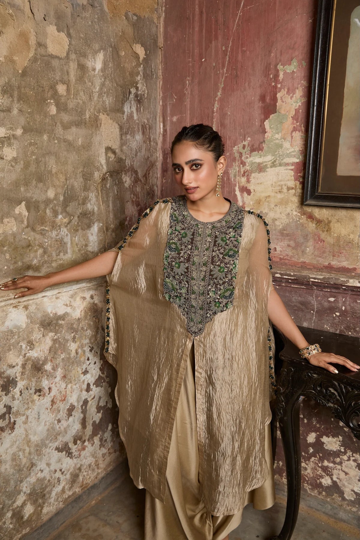 Gold Crushed Tissue Kaftan Set