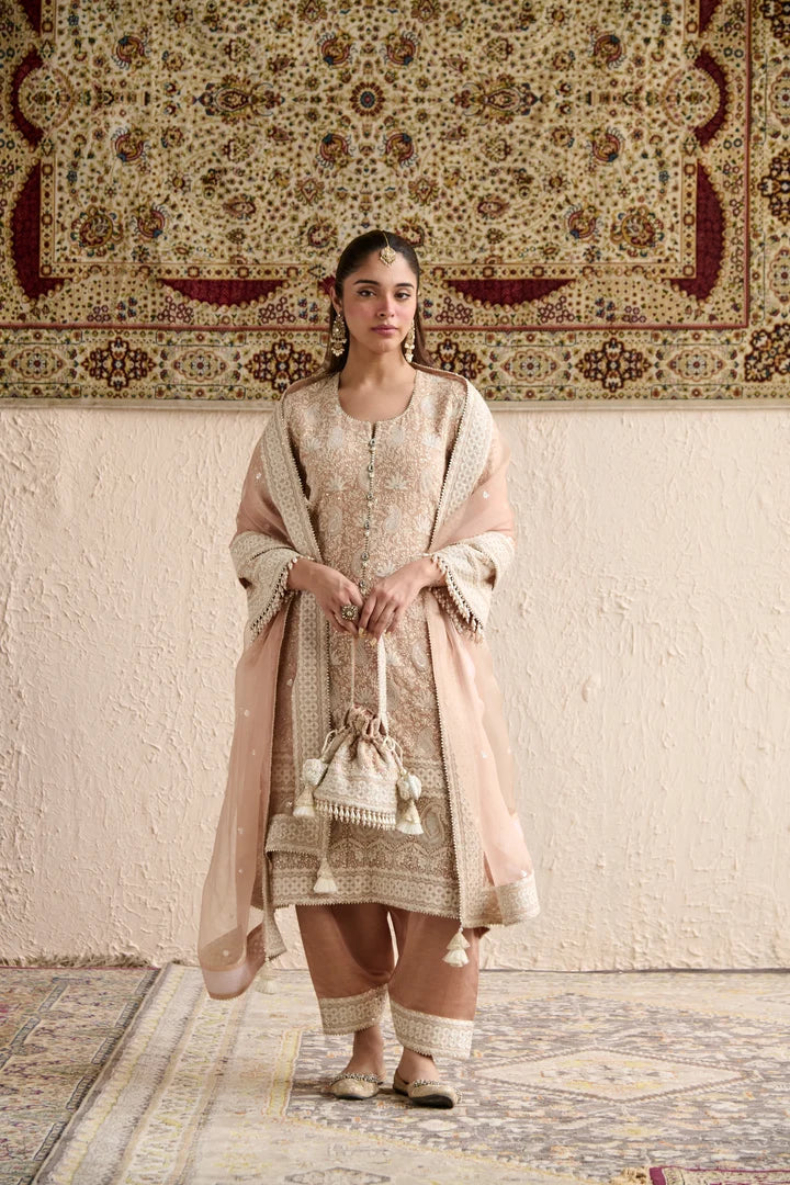 Beige Parsi Gara Long Kurta With Pant