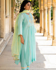 Pastel Blue Poppy Motif Boota A-line Kurta Set
